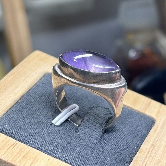 Vintage Sterling Silver Oval Amethyst Ring Size 7.5 Modernist Cabochon 10.3g